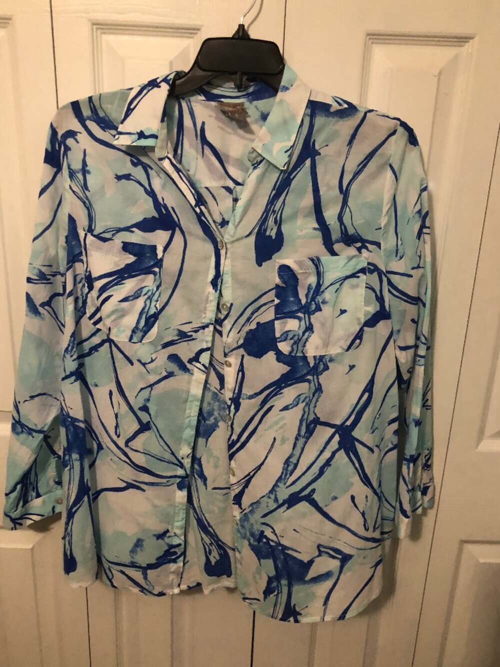 womens Chico's size 3  Blue and White Button Down Blouse